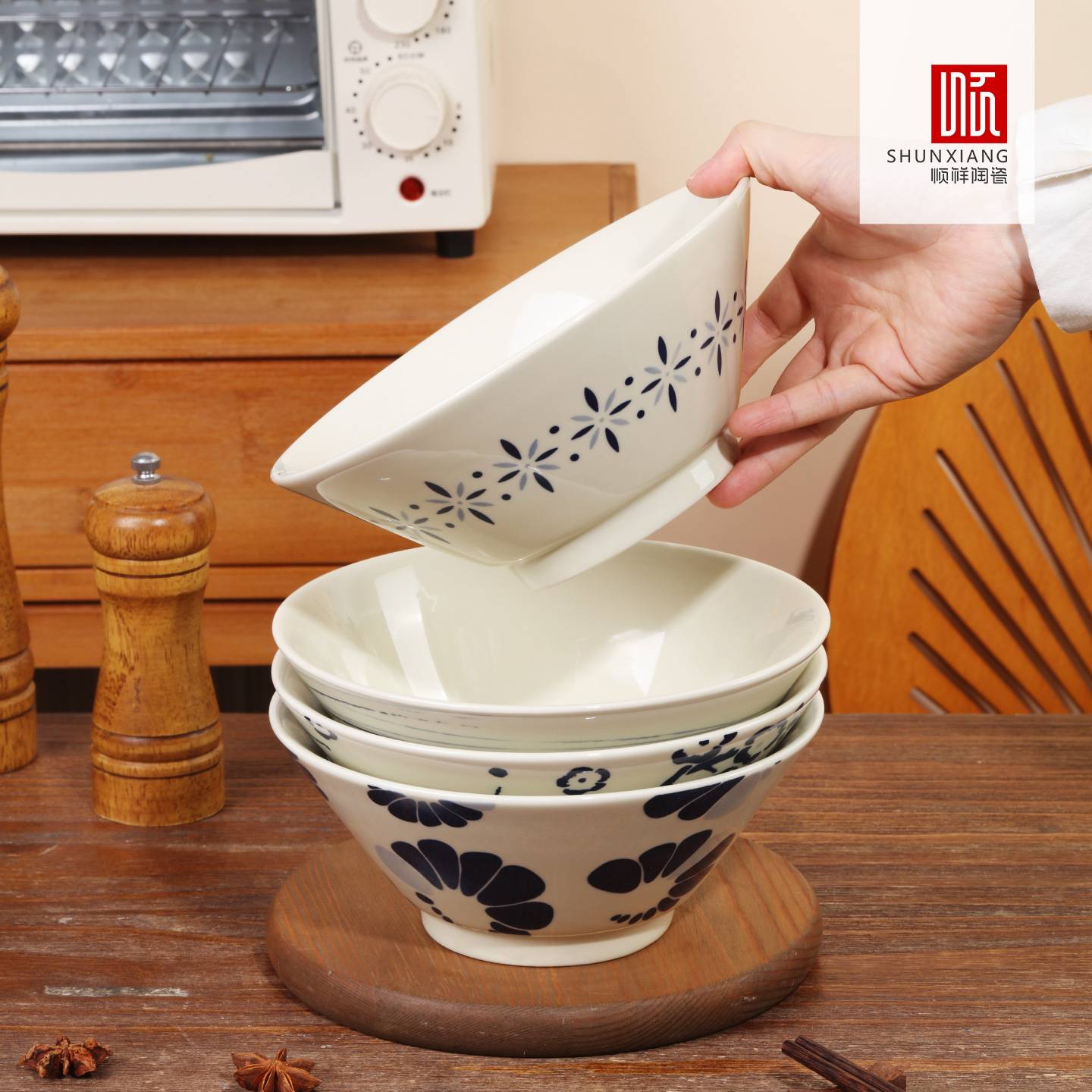 顺祥釉下7.5英寸喇叭高脚碗4件套（蓝调食器-A）