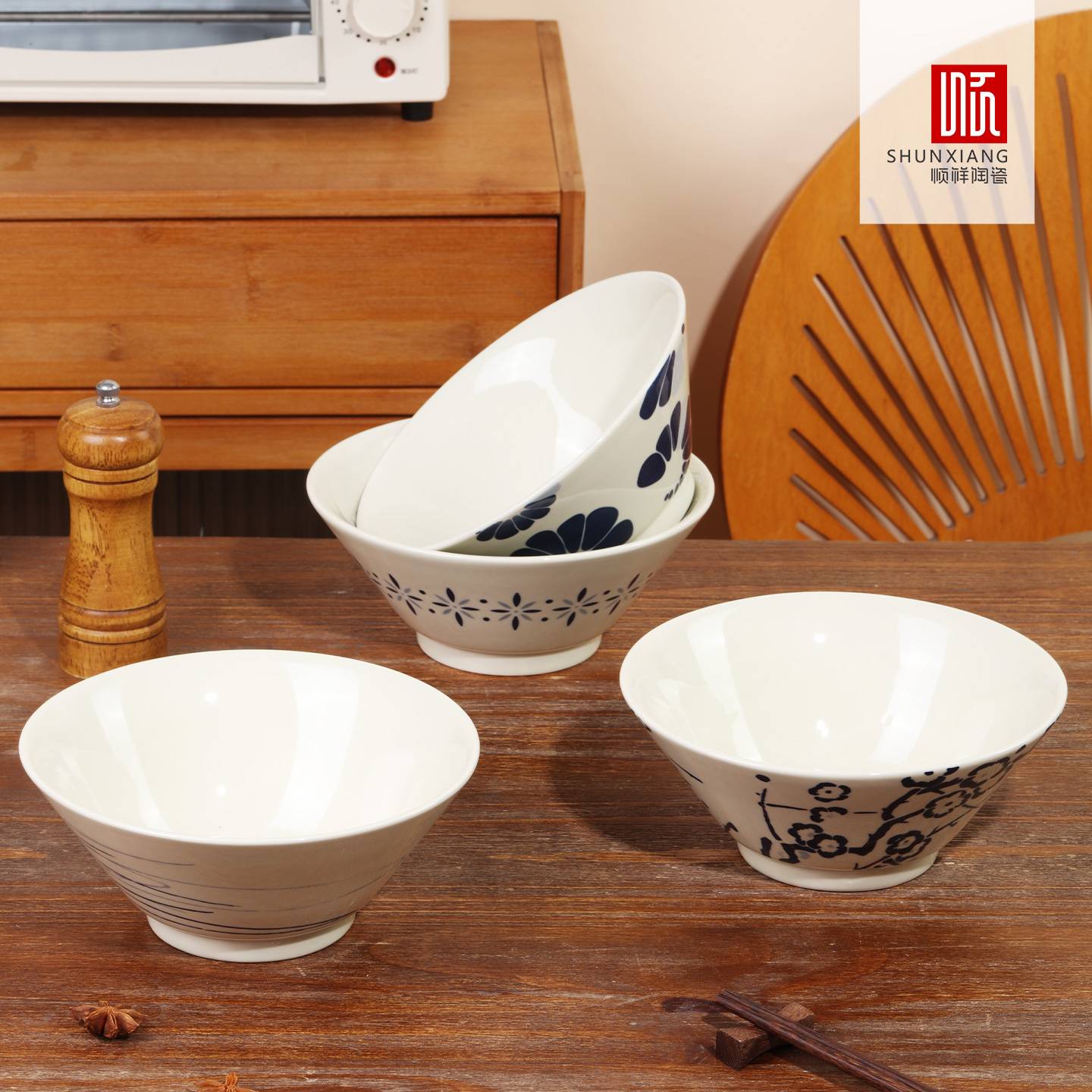 顺祥釉下7.5英寸喇叭高脚碗4件套（蓝调食器-A）